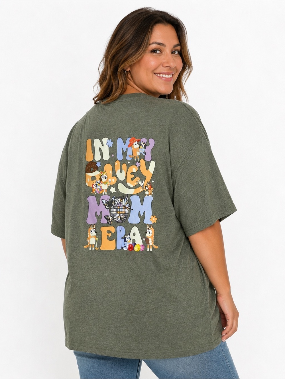 Graphic Olive Green Tee with Playful Cartoon Back Print